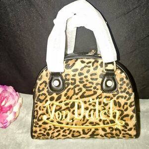 Von Dutch Black and Gold Cheetah Vegan Pony Hair Bowling Bag